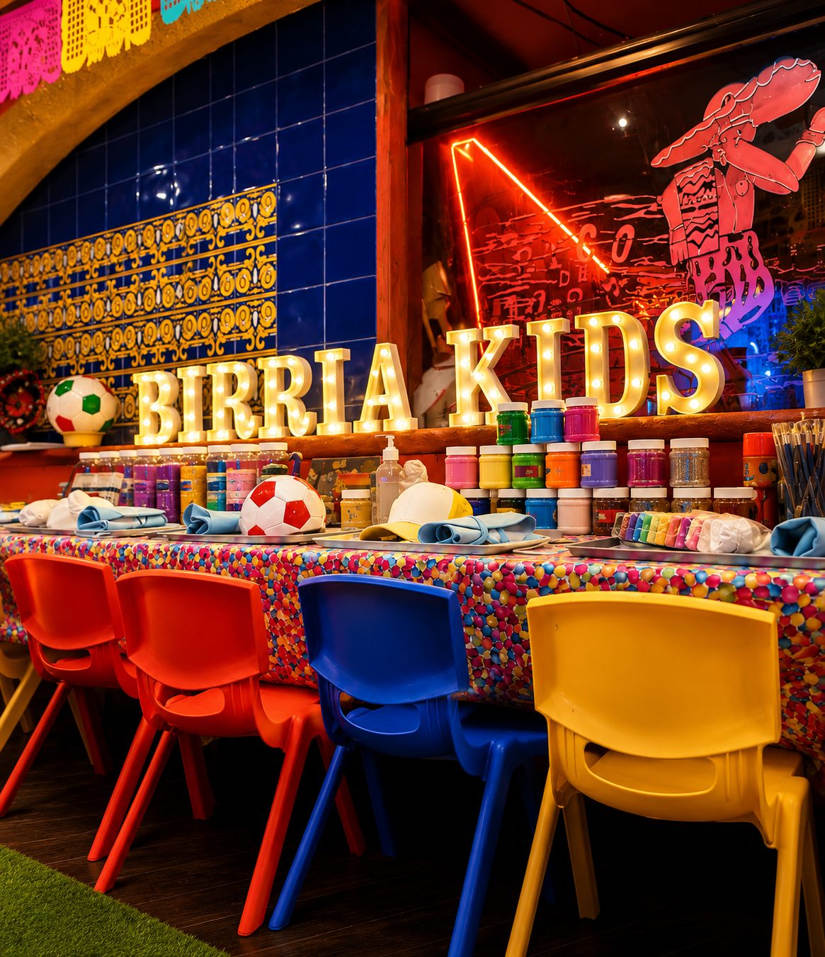 Mesa de la ludoteca Birria Kids con sillas de colores