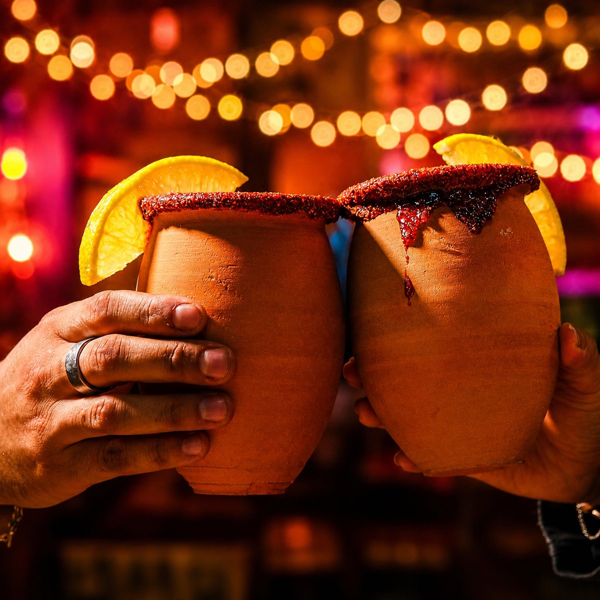 Cantaritos y tacos servidos en la mesa