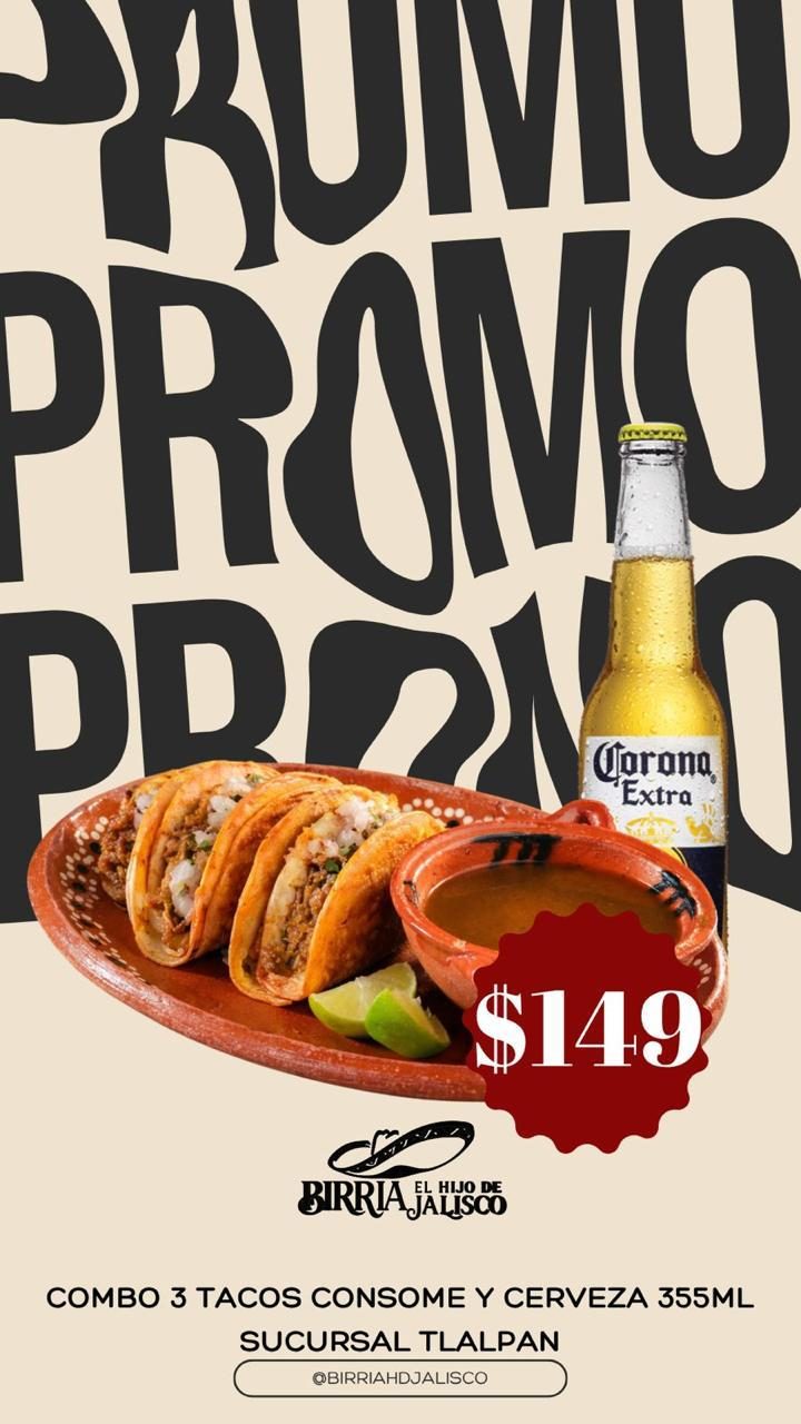 Combo 3 tacos, consomé y cerveza de 355 ml a 149 pesos