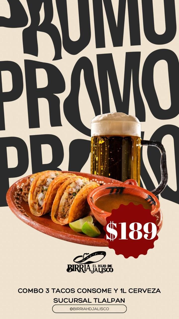 Combo 3 tacos, consomé y litro de cerveza a 189 pesos
